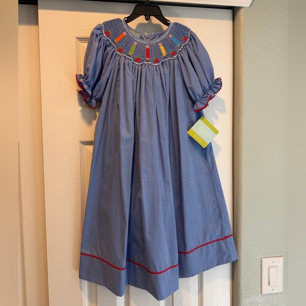 Velani Classics, Blue Smocked Dress with Colorful Embroidery, Size 6X